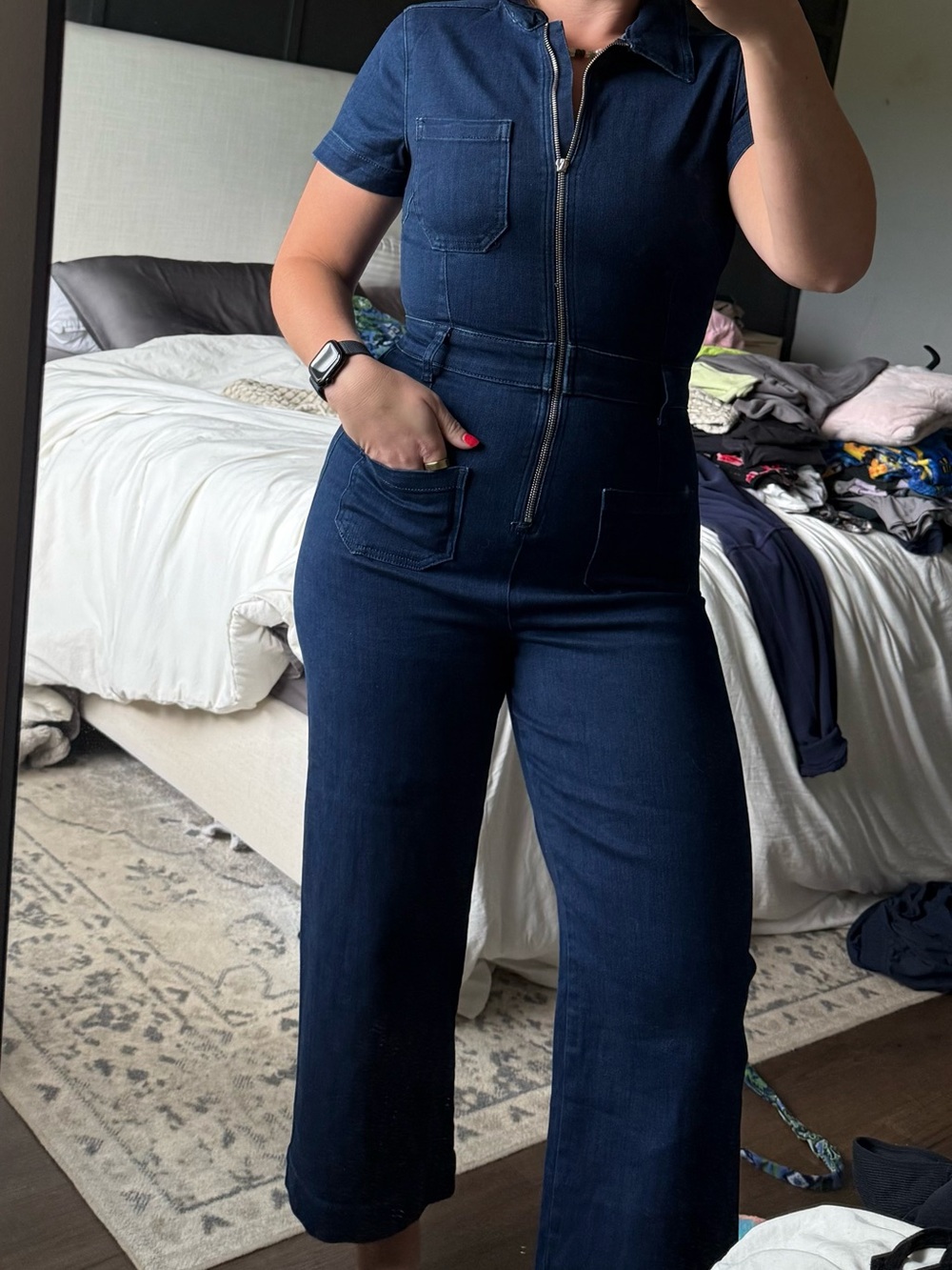 Anthropologie Dark Blue Denim Short-Sleeve Zip Jumpsuit